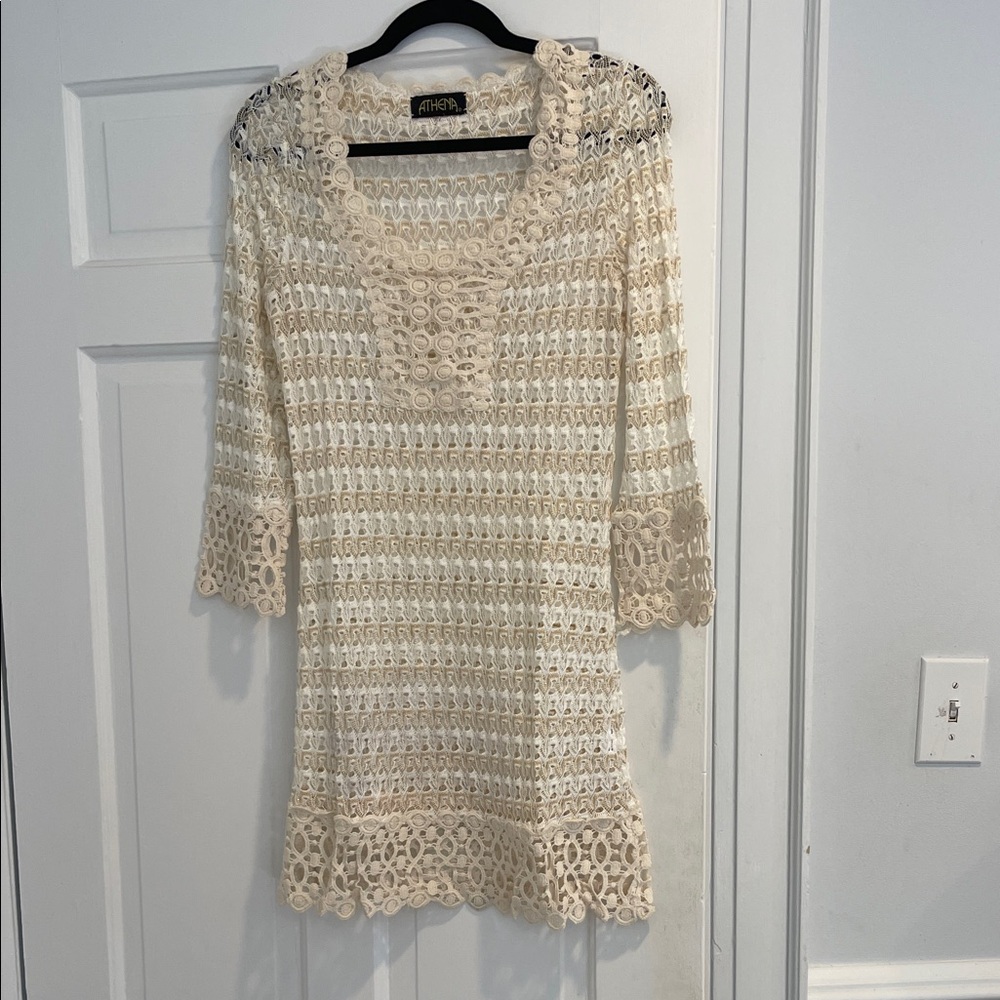 Athena Cream/Gold Crochet Tunic coverup with Scallop Trim NWOT
